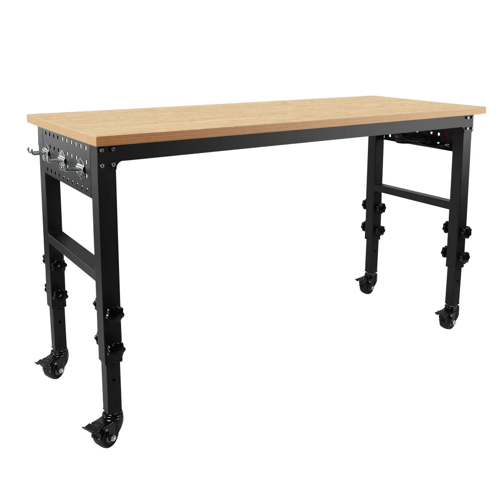 60" ×24'' Adjustable Workbench Rolling Heavy-Duty Worktable with Power Outlet and Wheels Large Load Capacity Rubber Wood Top