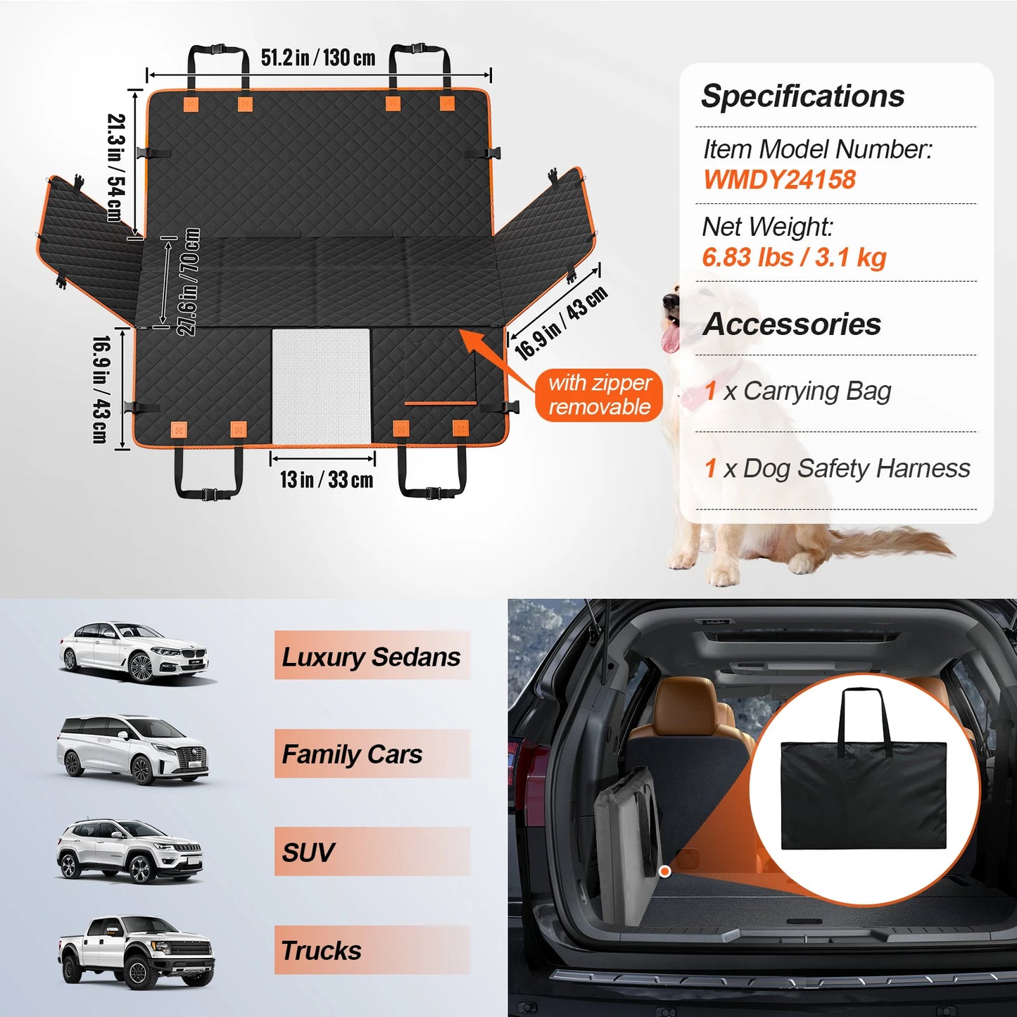 1PC Dog Car Seat Cover Suitable For Rear Seats, Waterproof Seat Protector, Scratch Resistant Pet Car Pad, Black Orange