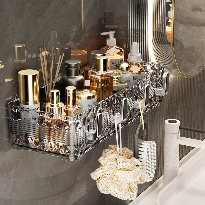 Wall Mounted Bathroom Storage Rack With 4 Hooks Corner Skincare Shampoo Shower Gel Shelf Makeup Perfume Holder