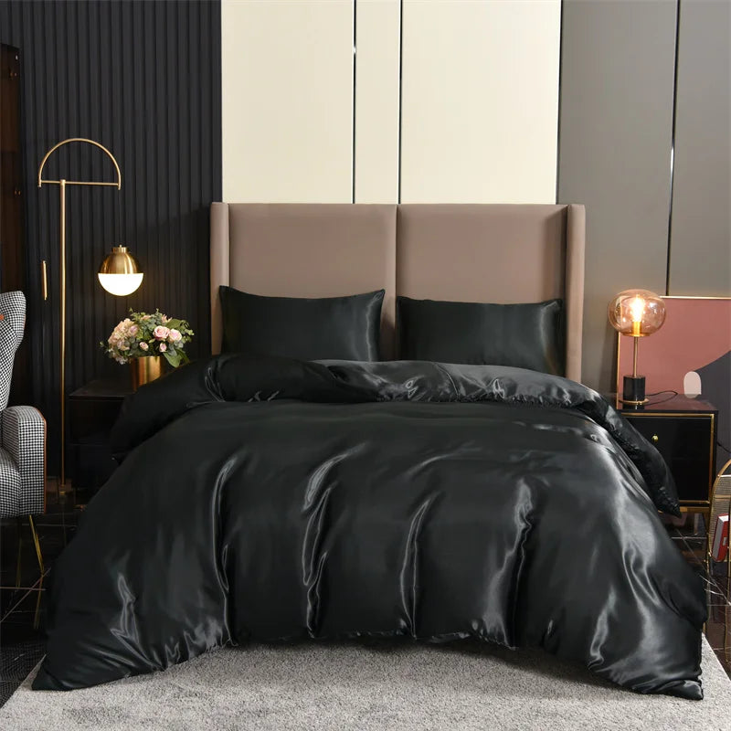 Silk Black 3pcs Satin Duvet Cover Bedding Set