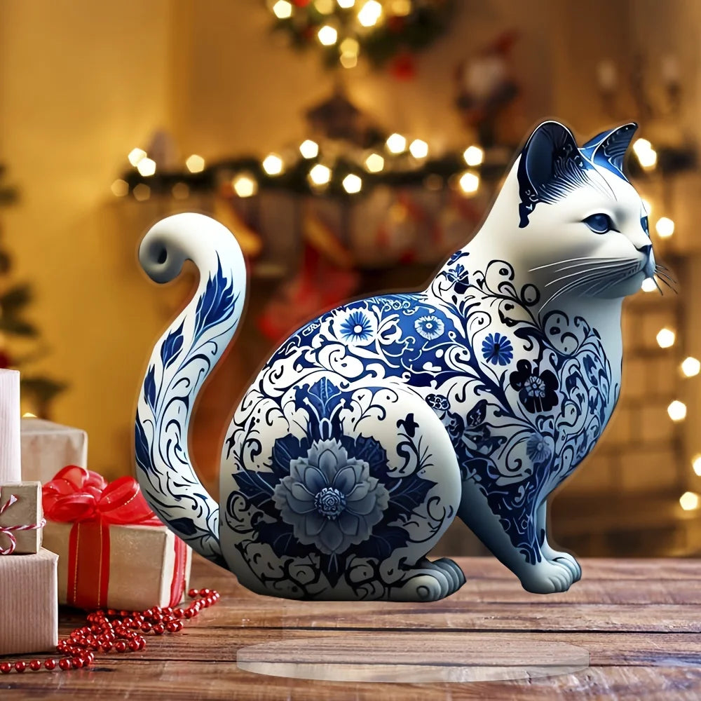 Fashionable Blue White Porcelain Cat Ornament With Acrylic Bracket - Waterproof Multi Functional Home, Office, And Cafe