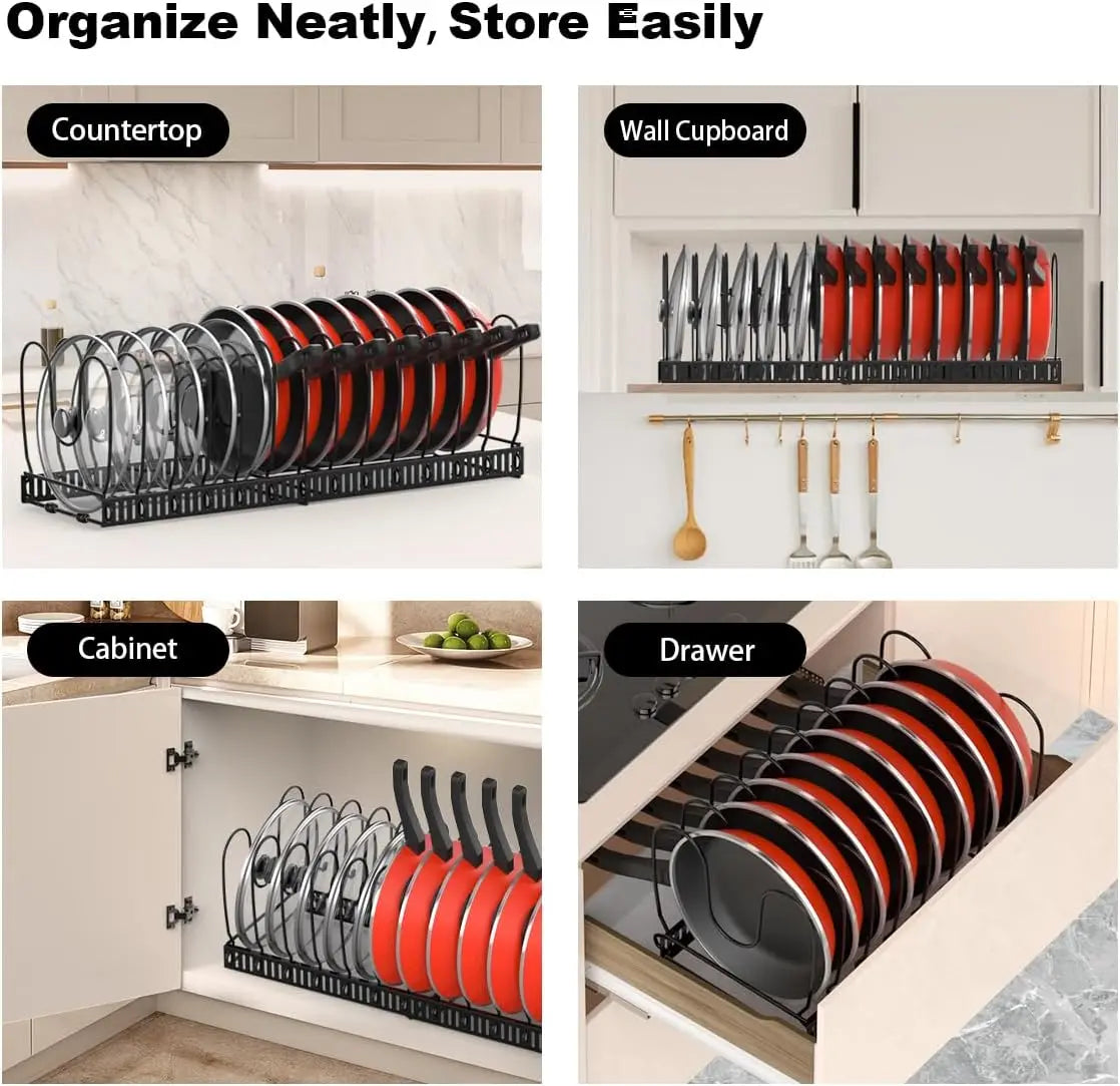 Pot and Pan Organiser Rack for Cabinet Expandable Pot Lid Organizer Holder with 10 Adjustable Dividers