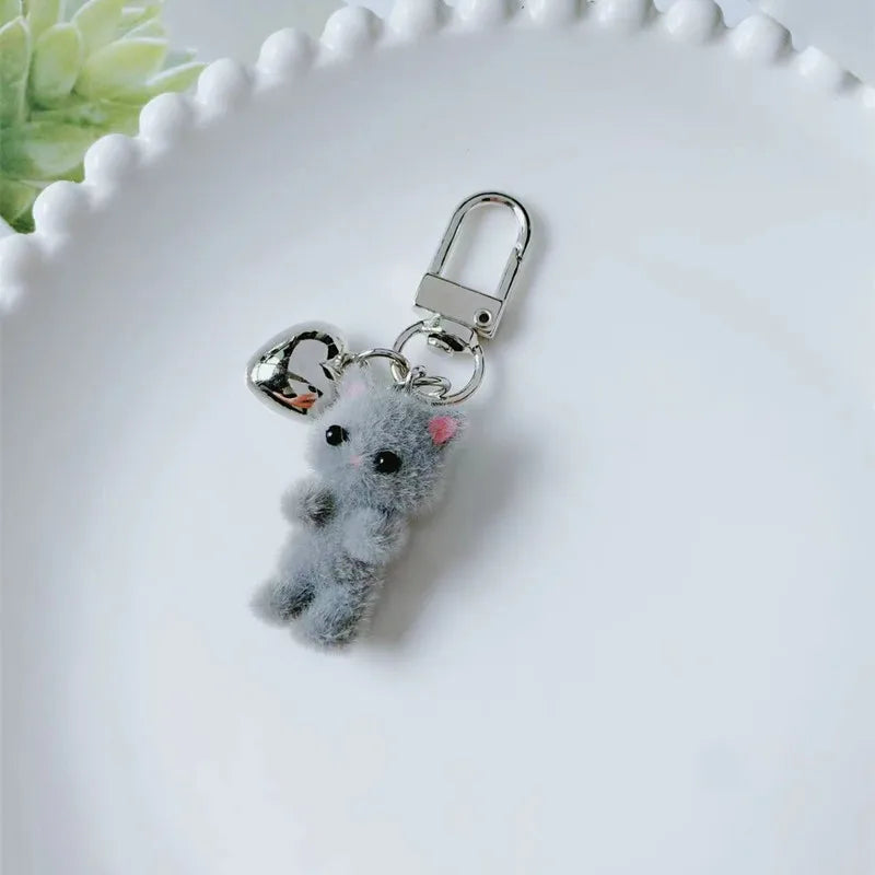 Cute Flocking Cat Keychain 3D Love Phone Pendant Headphone Case Charm Bag Decor Car Key Ring Jewelry Gift