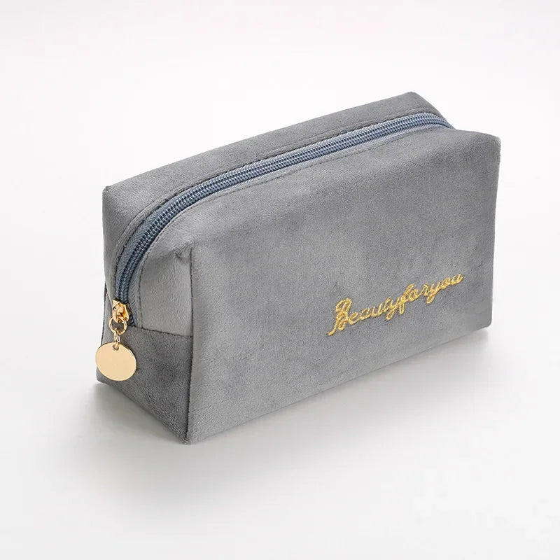 Plush Cosmetic Bag for Women – Large Zipper Makeup & Toiletry Travel Pouch, Solid Color Beauty Bag