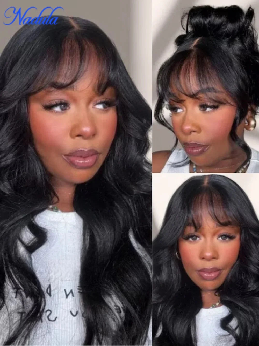 Nadula Hair 3D Body Wave Bangs Drawstring Glueless Human Hair Wig 7x5 Bye Bye Knots Glueless Wig Human Hair Ready to Wear 180%