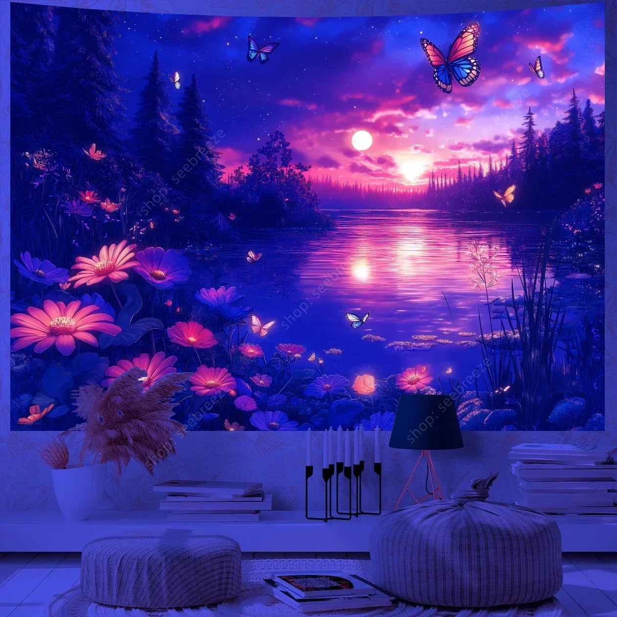Butterfly Flower UV Reactive Tapestry Wall Hanging Hippie Boho Room Decor