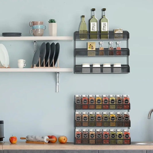 Spice Racks Wall Mounted 2 Set Large, Metal Chrome Narrow Spice Organizer for Jars Storage, Kitchen, Inside Cupboard or Cabinet