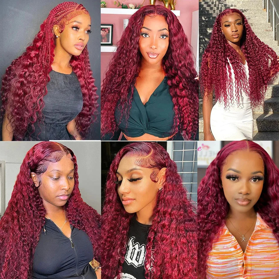 99J Burgundy Colored Curly Wig Transparent 13x6 Lace Frontal Human Hair Preplucked 13x4 HD Lace Frontal Deep Wave Wigs For Women