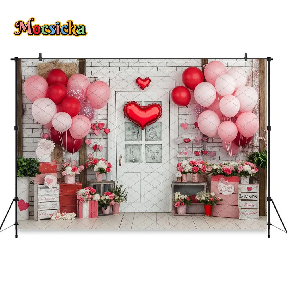 Mocsicka Valentine's Day Shop Backdrop Photography Pink Storefront Heart Balloon Red Rose Background Kids Birthday Photo Studio