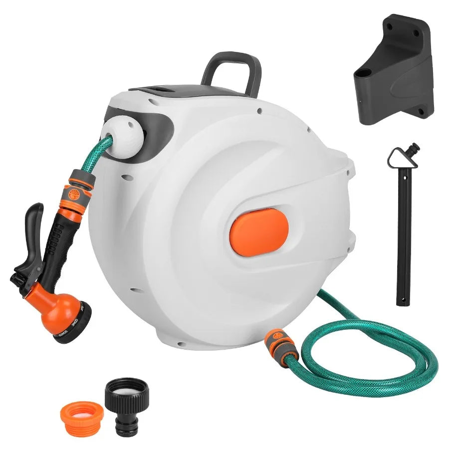 Retractable Garden Hose Reel Wall Mounted Automatic Water Hose Reel with Any Length Lock 8 Pattern Spraying Modes 180 Swivel Br