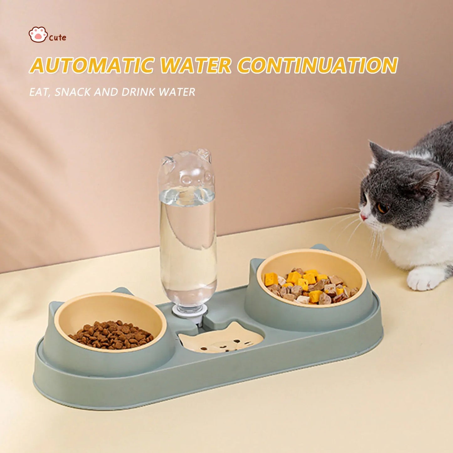 Automatic Double Bowl Feeder With Water Fountain Drinking Raised Stand