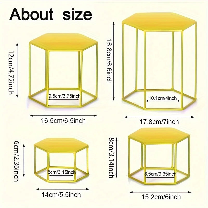 A set of 4 metal hexagonal food display racks, used for food, cupcakes, pizzas, and potted plants, Halloween and Christmas decor