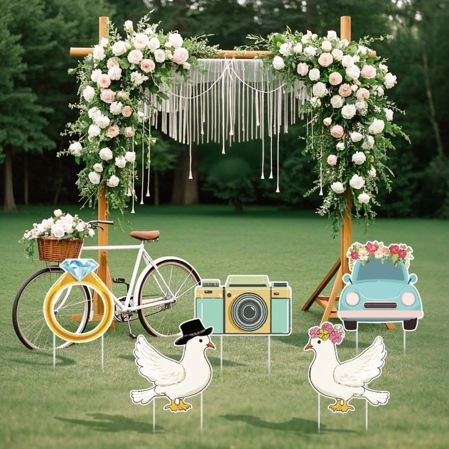 5Pcs Wedding Theme Party Yard Signs with Stakes Pigeon Ring Camera Pattern Road Dration Wedding Reception Plastic Welcome Sign