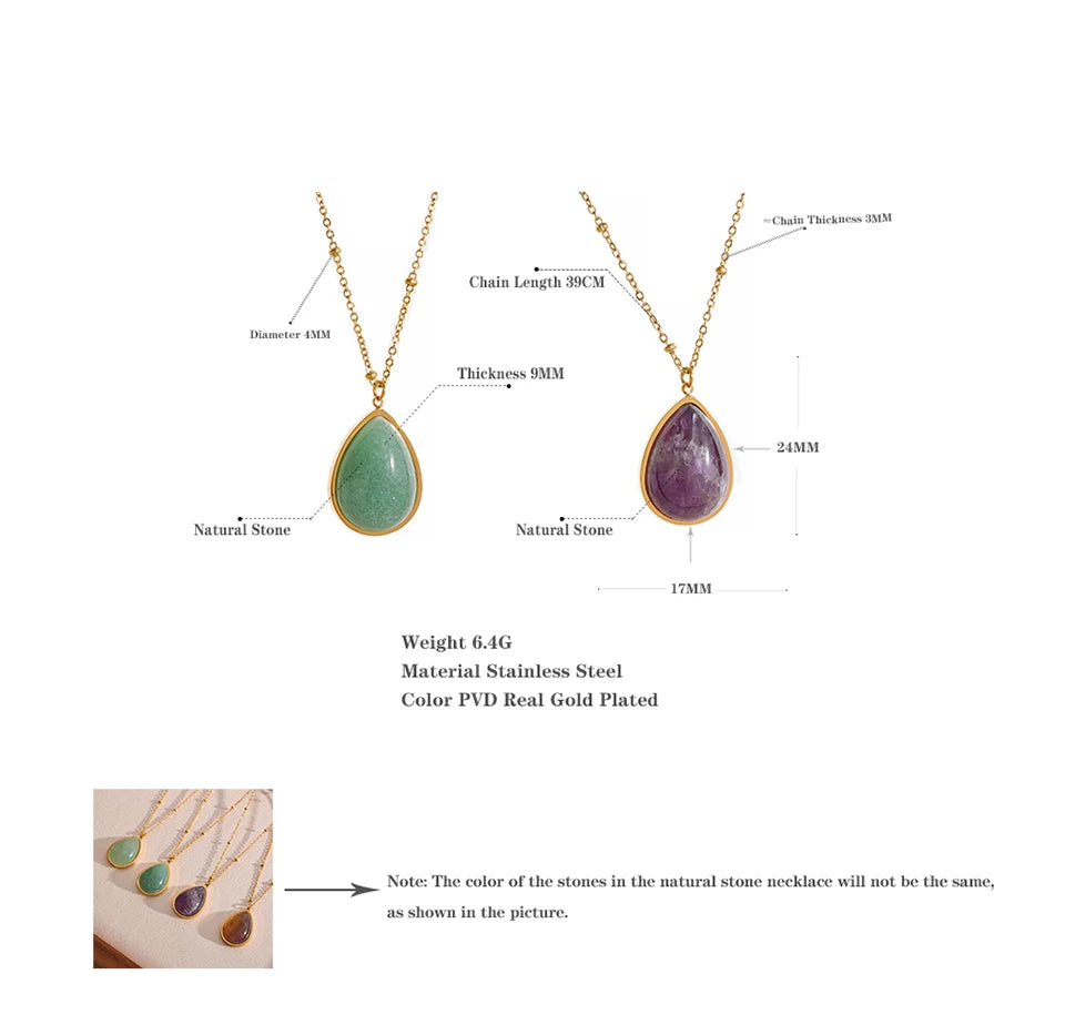 Yhpup Water Drop Amethyst Green Aventurine Natural Stone Necklace Stainless Steel Fashion Charm Pendant Jewelry Tarnish Free