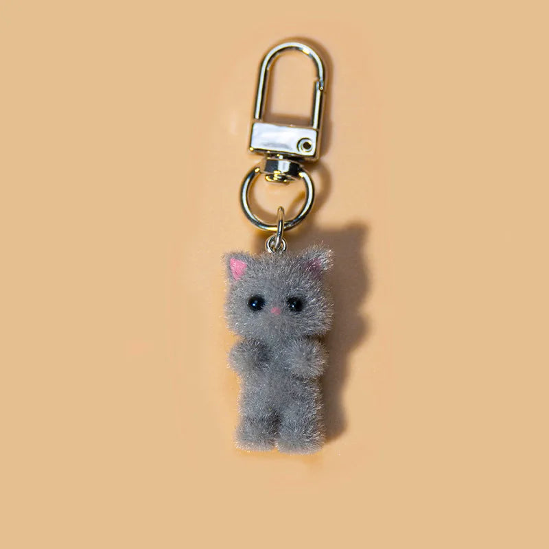 Cute Flocking Cat Keychain 3D Love Phone Pendant Headphone Case Charm Bag Decor Car Key Ring Jewelry Gift