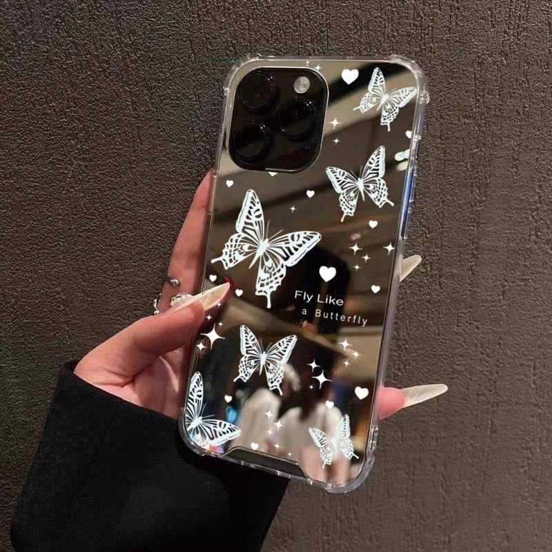 Pink Butterfly Mirror Phone Case For iPhone 16 15 14 13 12 11 Pro Max XS X XR 7 8 Plus SE Make Up Mirror Shockproof Soft Cover