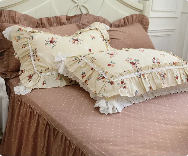 Floral Style 100% Cotton Pillowcase Bedding Set With Lace Design