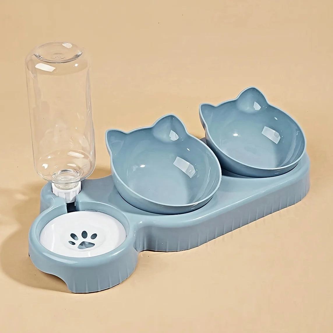 3 In 1 Ear Design Tilted Cat Water And Food Bowl Set With Gravity Water Bottle