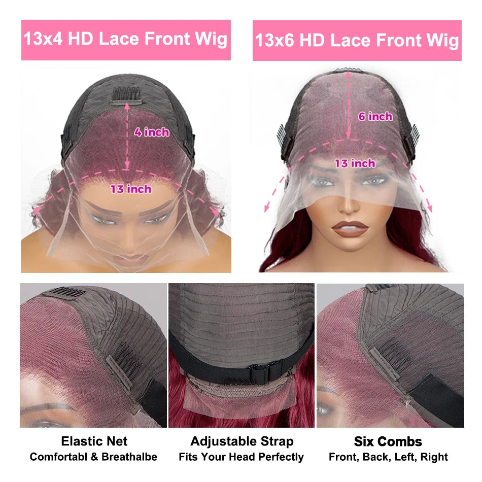 Burgundy 99J Body Wave Human Frontal Lace Hair Wig 30inches 13x4 13x6 HD Transparent Lace Brazilian Colored Remy Wigs for Women