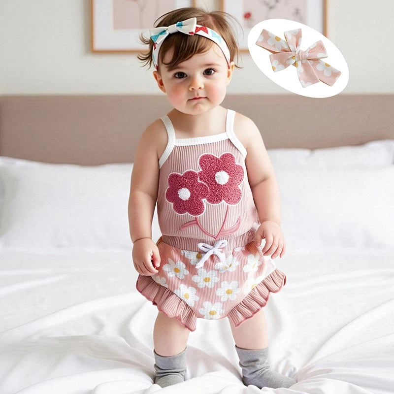 Toddler Girl Summer Outfit Floral Embroidered Sleeveless Bodysuit Elastic Waist Ruffle Shorts Headband 3 Piece Set for Baby Girl