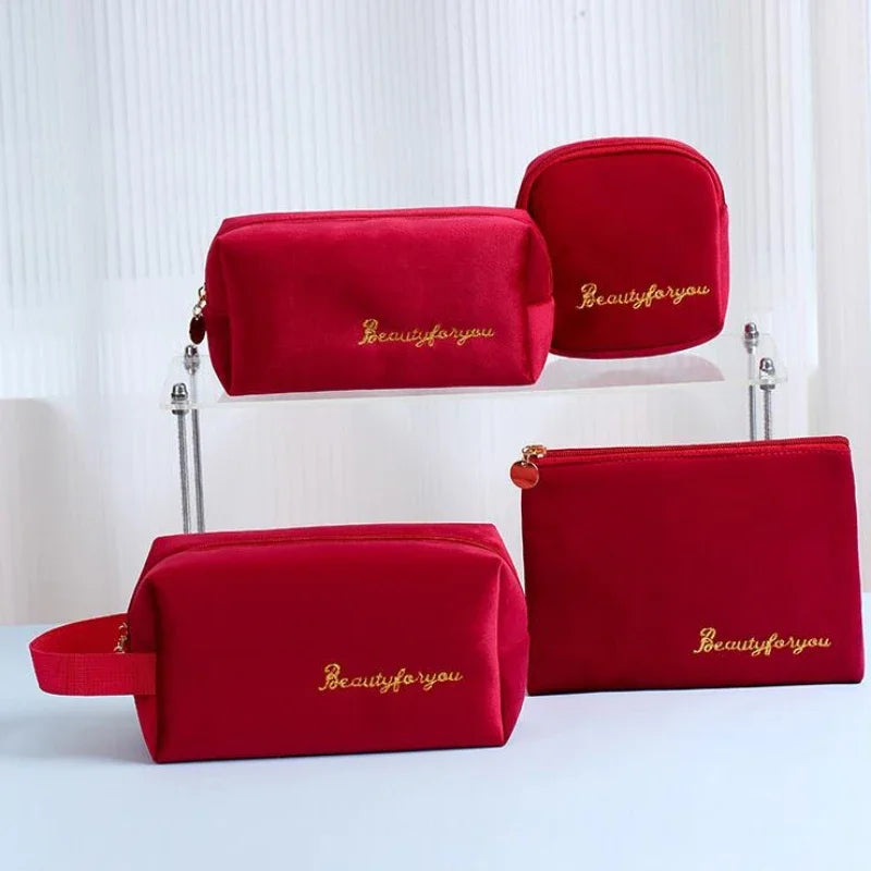 Plush Cosmetic Bag for Women – Large Zipper Makeup & Toiletry Travel Pouch, Solid Color Beauty Bag