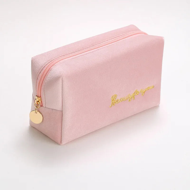 Plush Cosmetic Bag for Women – Large Zipper Makeup & Toiletry Travel Pouch, Solid Color Beauty Bag