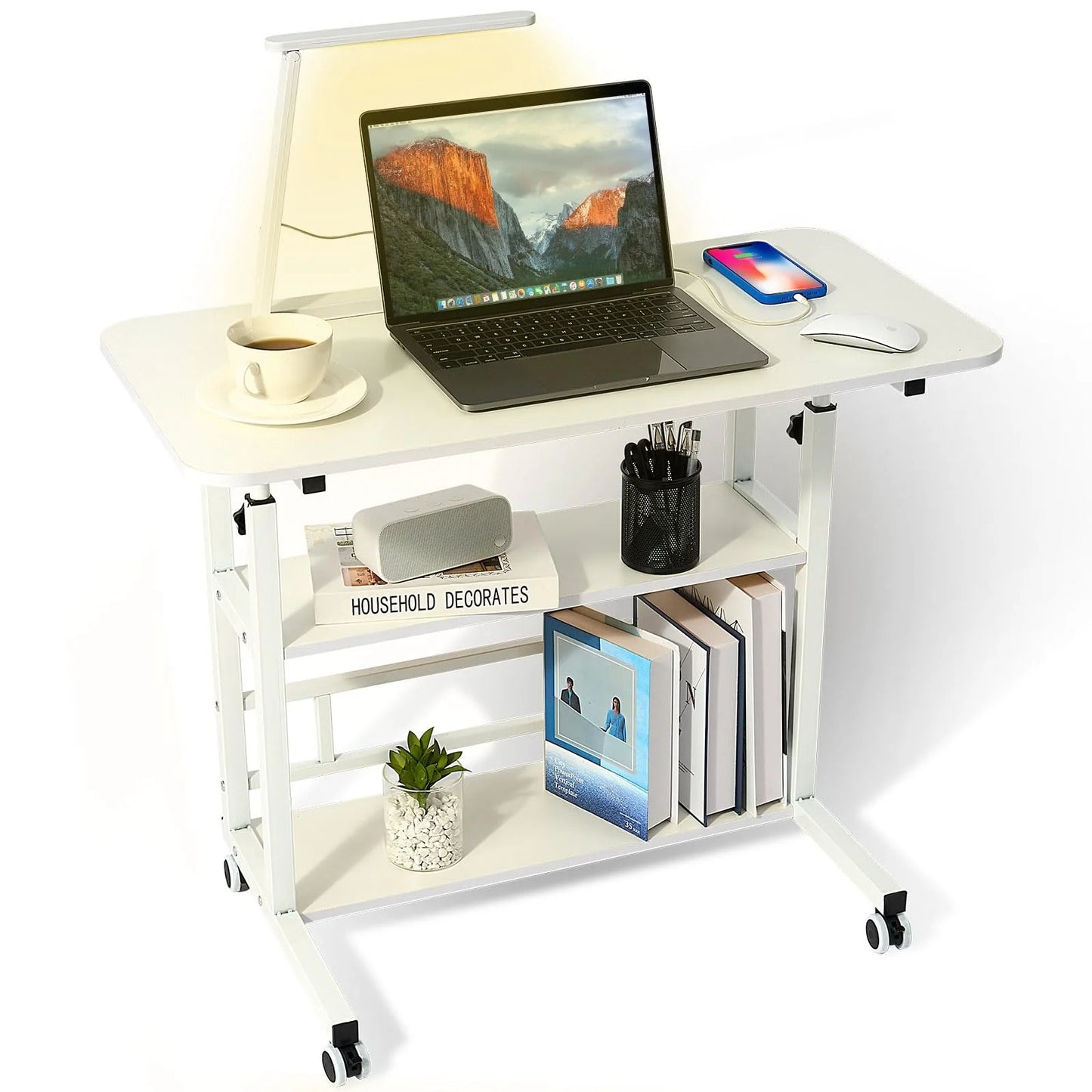 Adjustable Height Student Computer Desk with USB Port, Mobile Portable Bedside Table with Storage, 31.5" Standing Desk for Sofa