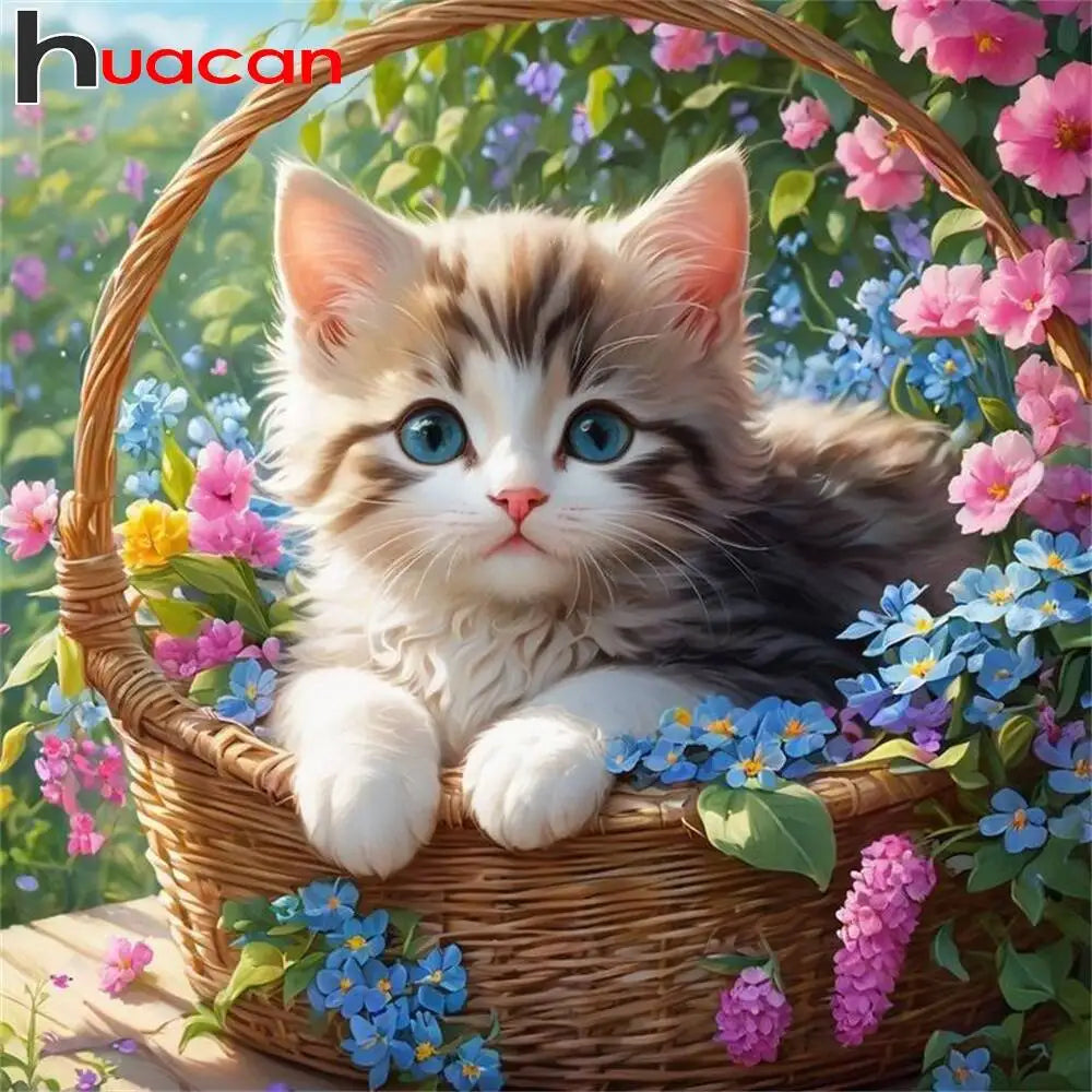 Huacan Diamond Cat Painting Kit In Flower Basket