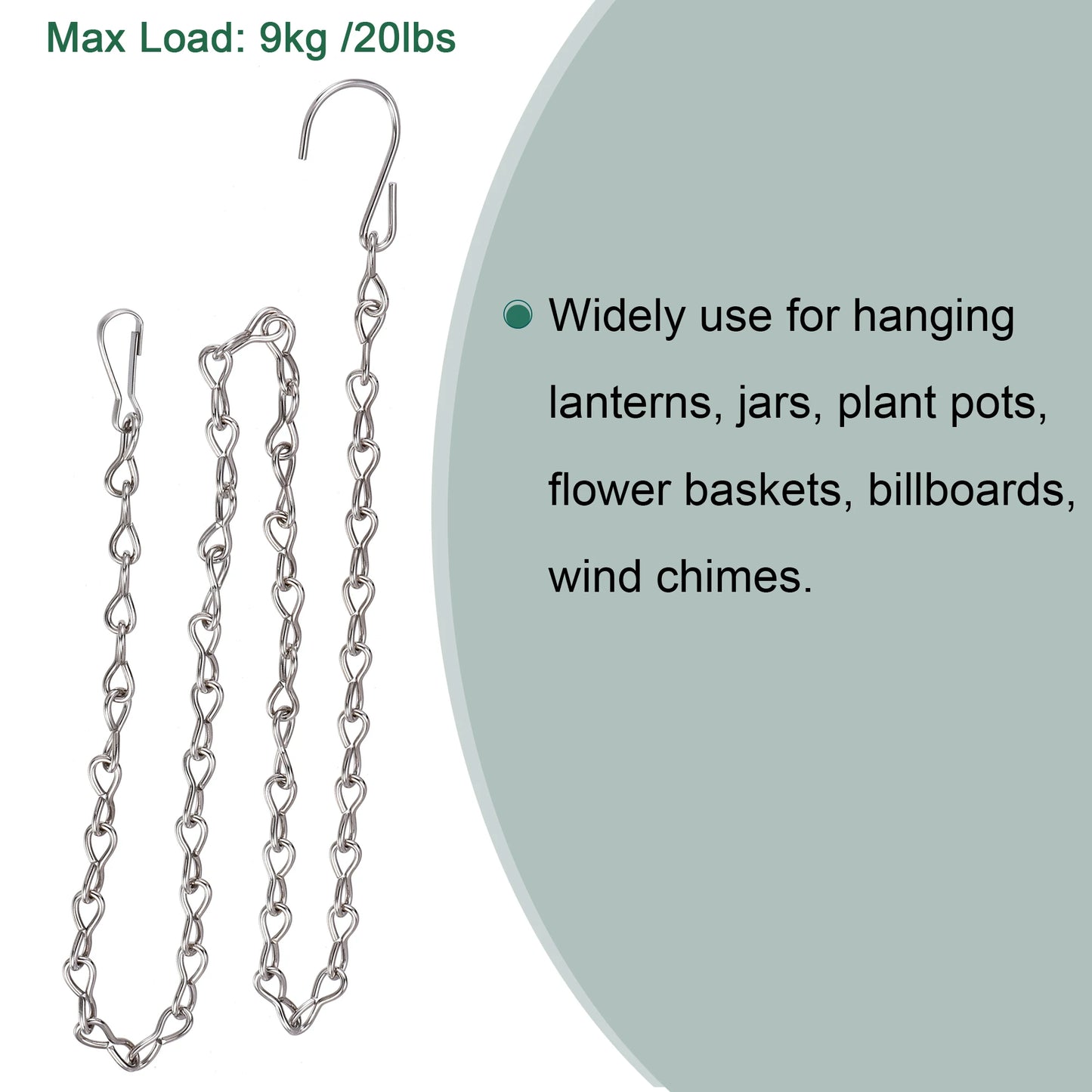 4Pcs Hanging Chains 90cm Extension Link with S Shaped Hooks for Plant Basket Lantern Ornament Silver Tone