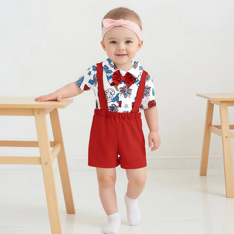 Toddler Boys Independence Day Outfits Short Sleeve Bowtie Romper Suspender Shorts Set Infant Clothing for 4th of July