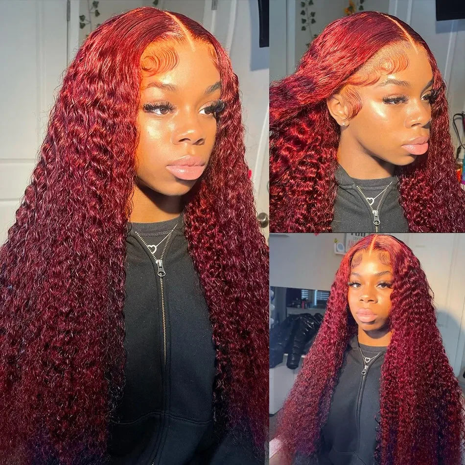 99J Burgundy Colored Curly Wig Transparent 13x6 Lace Frontal Human Hair Preplucked 13x4 HD Lace Frontal Deep Wave Wigs For Women