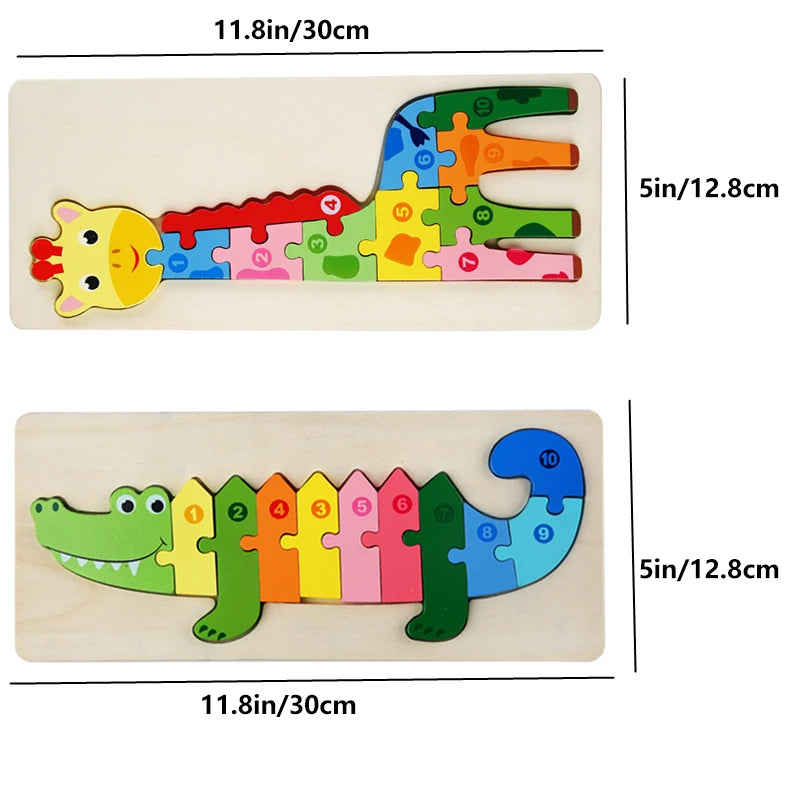 Rectangle Wooden Puzzle for Kids, Animals Vehicles Pattern Colorful Wood Numbered Puzzles For Toddlers