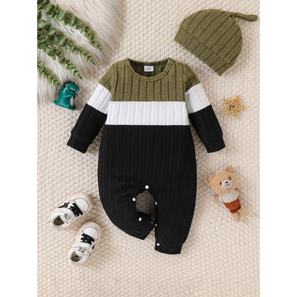 3 Colours Autumn Bodysuits Newborn Baby Boy Long Sleeve Colour Block Romper+Hat Simple Onesie Jumpsuit for Toddlers 1-18 Months