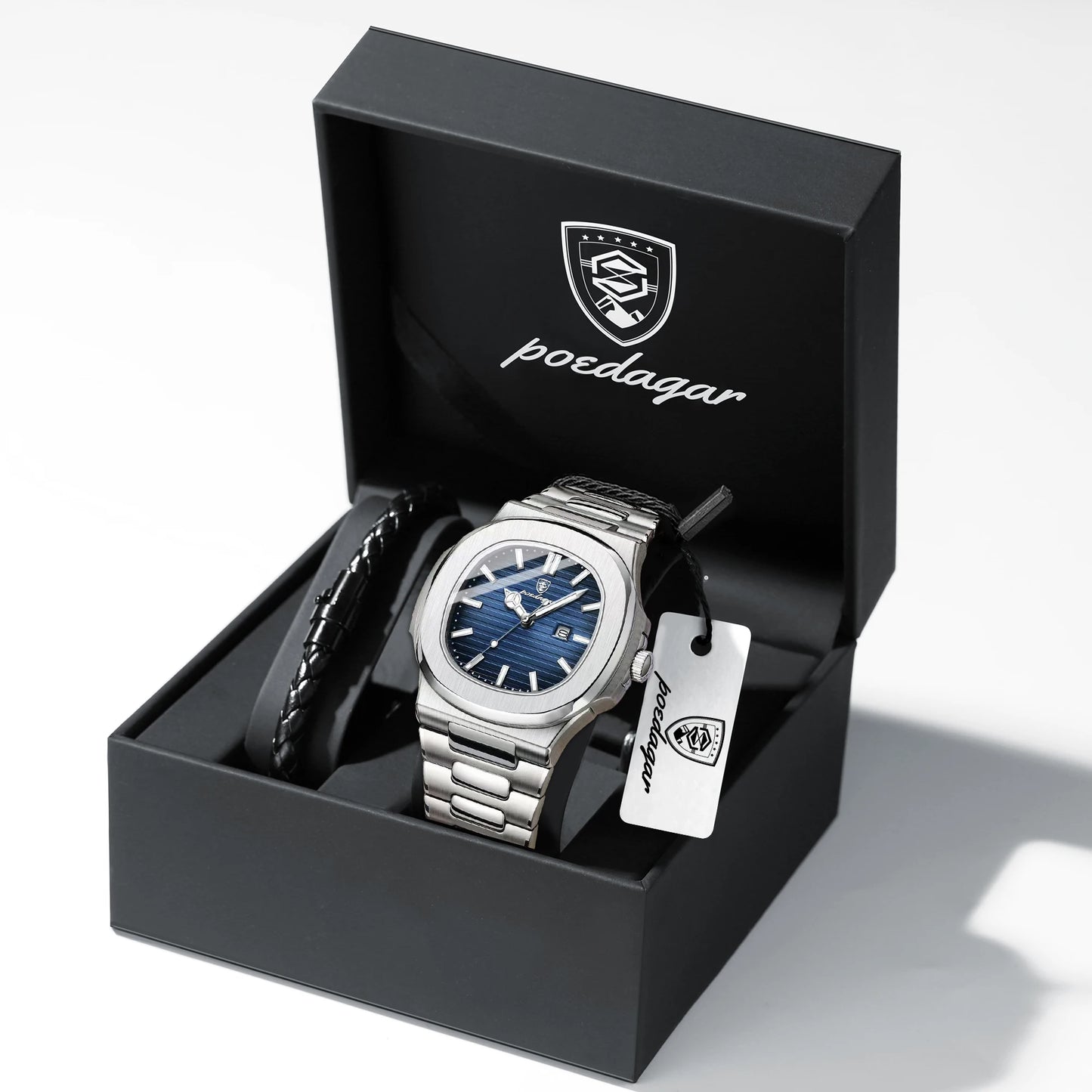 POEDAGAR Top Classic Men Wristwatch Waterproof Luminous Date Square Watch For Man Stainless Steel Sport Men's Quartz Watches+Box