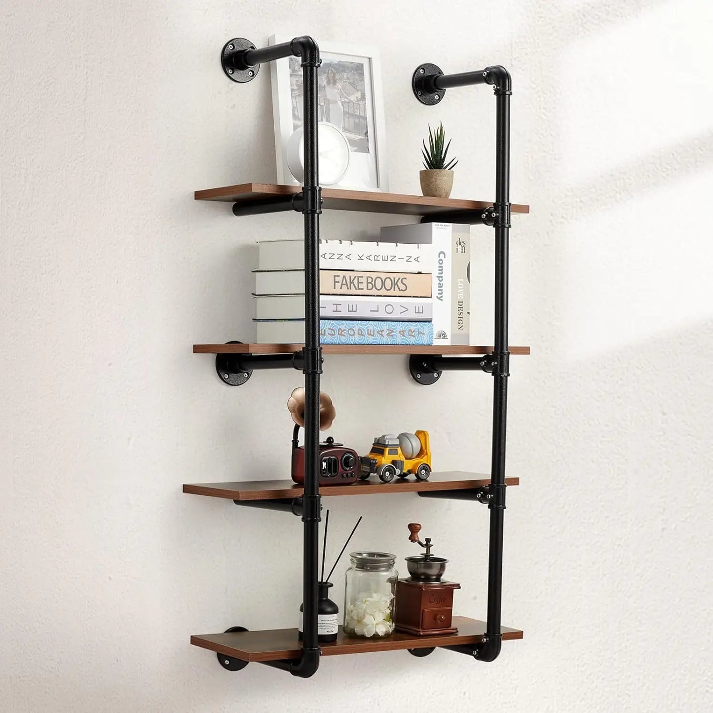 4 Tier Industrial Pipe Shelving Wall Mounted, 30in Rustic Metal Floating Shelves, Steampunk Real Wood Book Shelves, Wine Shelf