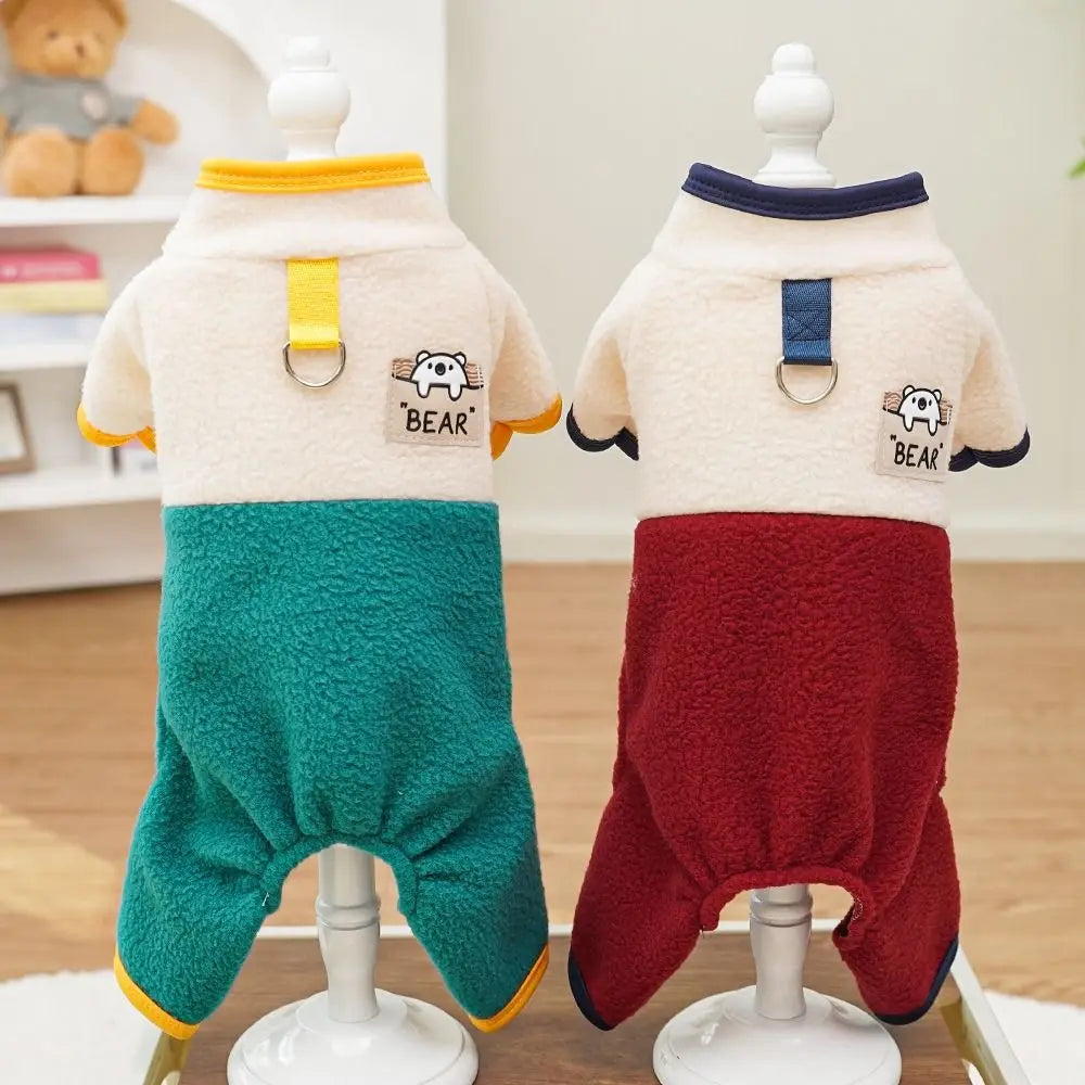 Warm Dog Jumpsuit – Polar Fleece Four-Legged Pants with Stand Collar, Cartoon Bear Pattern, D-Ring Puppy Harness Coat