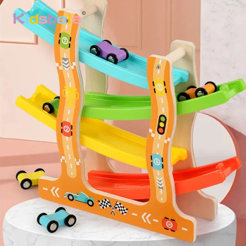 Kids Four-layer Wooden Gliders Montessori Inertia Track Car Toys Animal And Traffic Theme Early Educational Toys Birthday Gifts