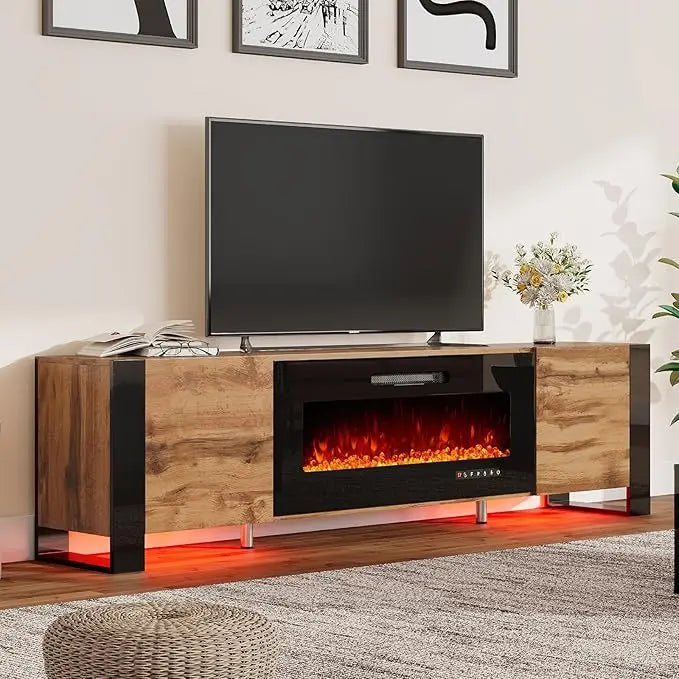 Fireplace TV Stand with 40" Fireplace, 80" Modern High Gloss Entertainment Center LED Lights, U-Shaped Legs TV Console