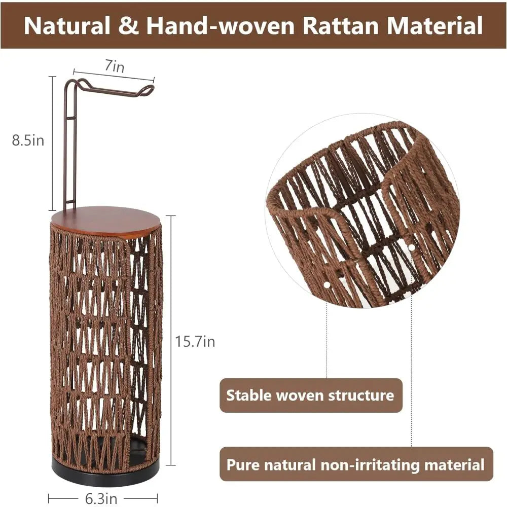 Freestanding Toilet Paper Holder with Storage,3 Rolls of Tissue Holder for Bathroom,Handmade WovenToilet Roll Holder Stand