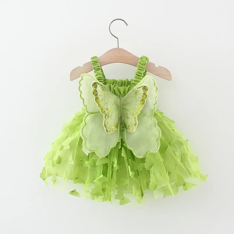 Summer 0-3 Girls' Dress Solid Color Butterfly 3D Mesh Splicing Butterfly Wings Strap Fluffy Dress