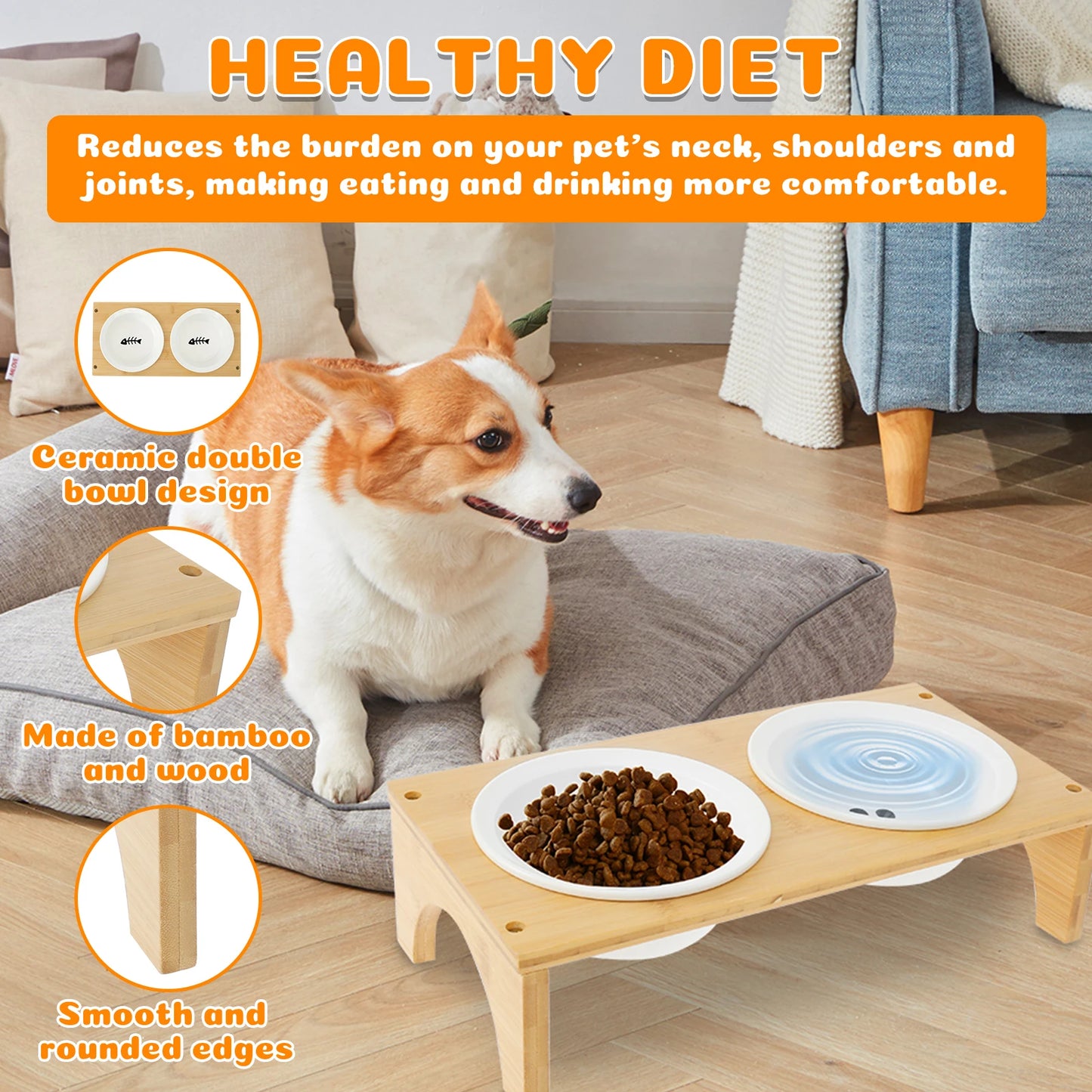 Double Ceramic Pet Bowl with Bamboo Stand – Elevated Food & Water Bowls for Dogs & Cats