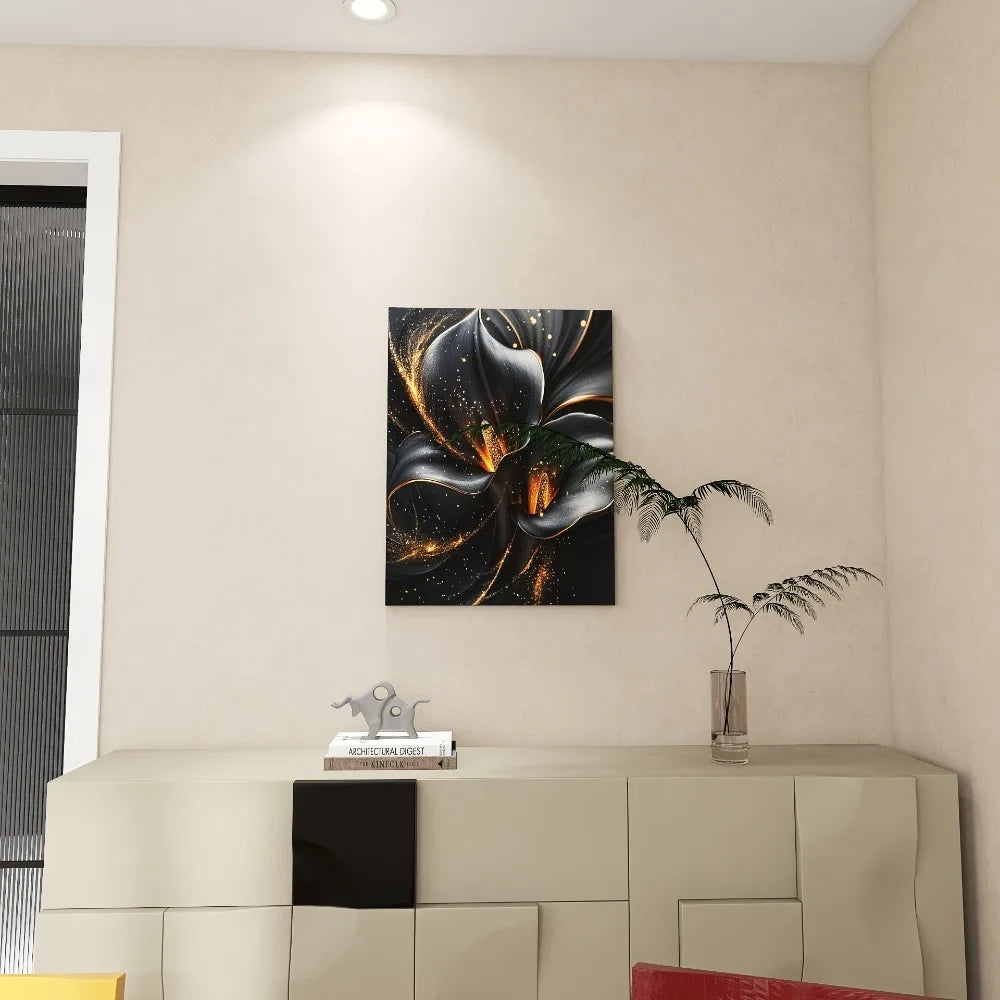 1.5 inch thick pine frame canvas art - black and gold metal calla lily design,modern wall trim, suitable for interior decoration