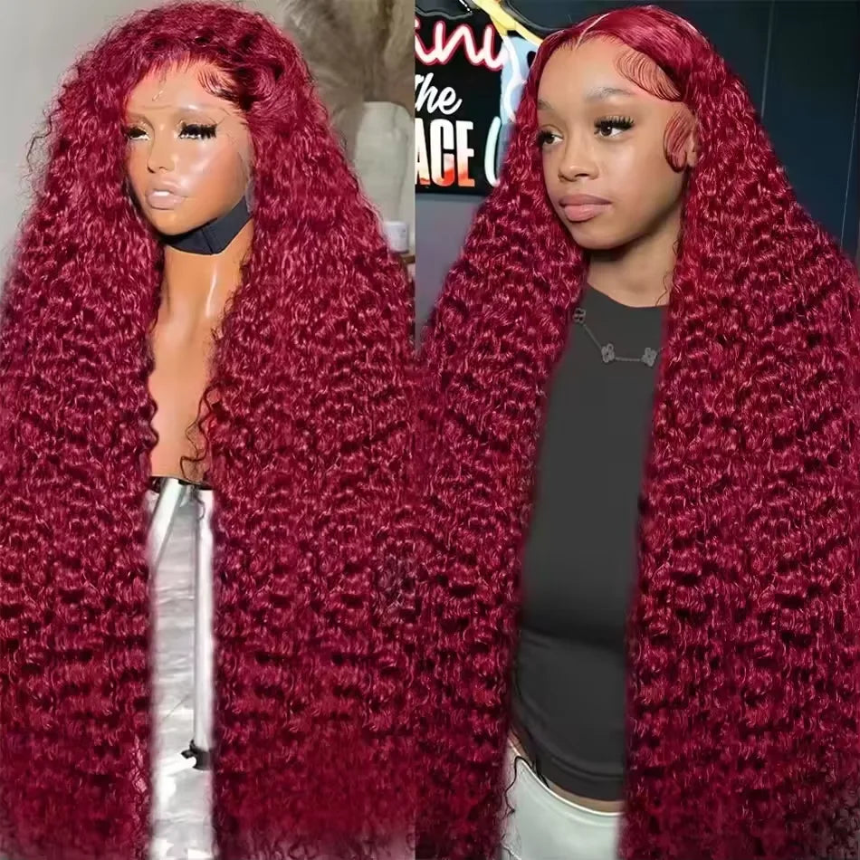 99J Burgundy Colored Curly Wig Transparent 13x6 Lace Frontal Human Hair Preplucked 13x4 HD Lace Frontal Deep Wave Wigs For Women
