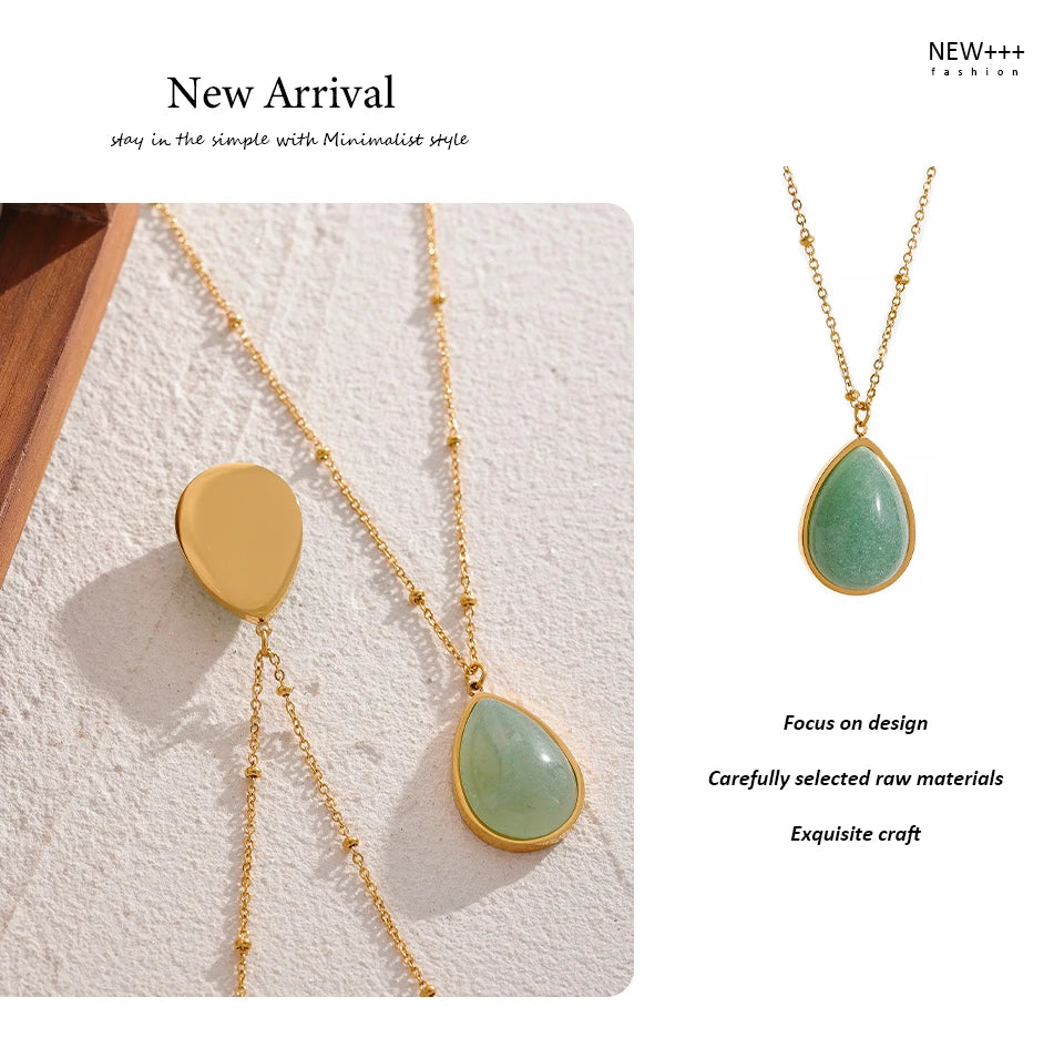 Yhpup Water Drop Amethyst Green Aventurine Natural Stone Necklace Stainless Steel Fashion Charm Pendant Jewelry Tarnish Free