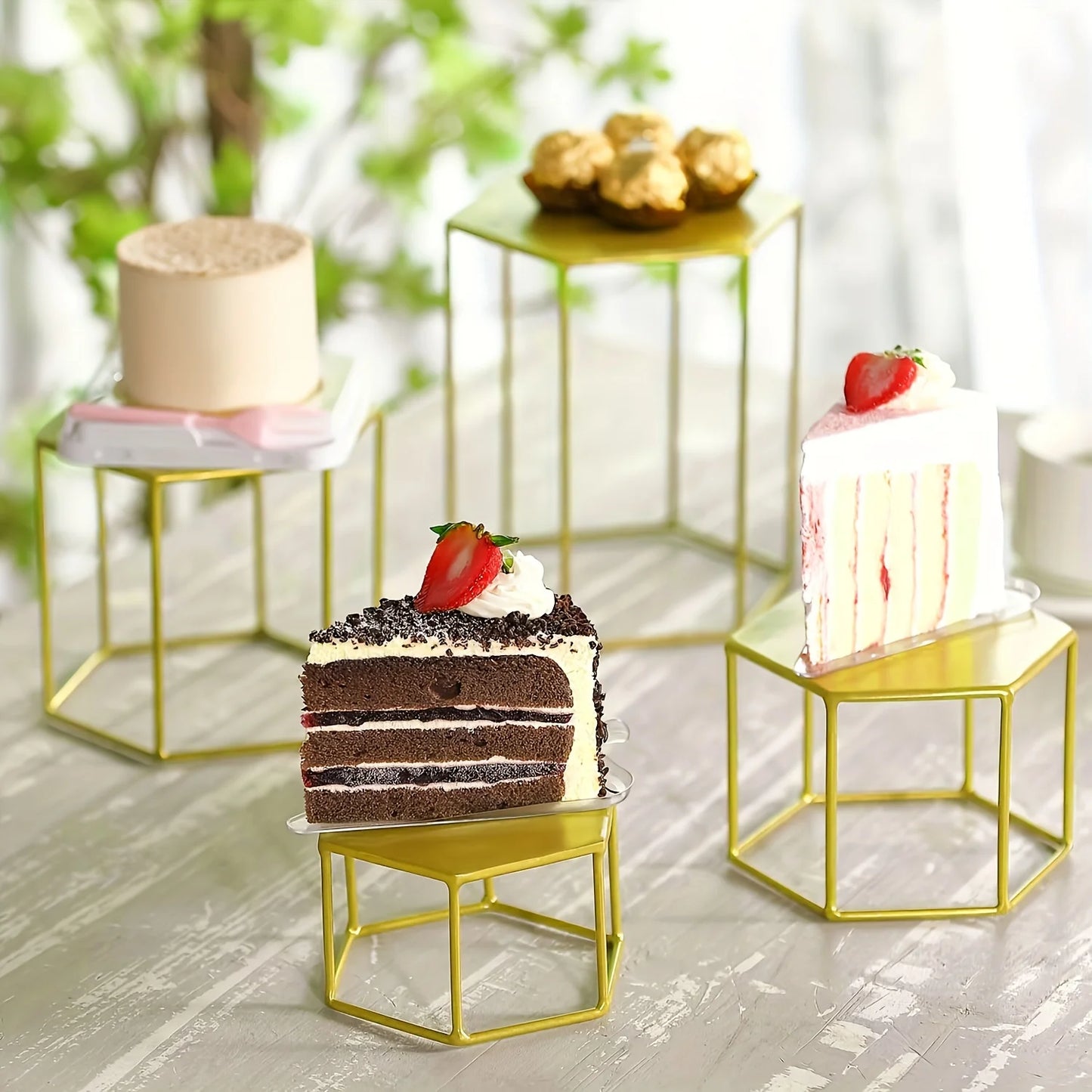 A set of 4 metal hexagonal food display racks, used for food, cupcakes, pizzas, and potted plants, Halloween and Christmas decor