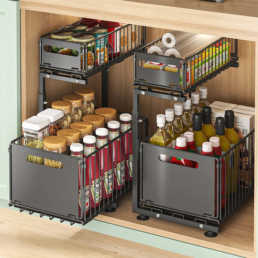 2 Tier Pull Out Cabinet Organiser Adjustable Under Sink Storage Rack Slide Out Drawer Kitchen Spice Jar Storage Shelf