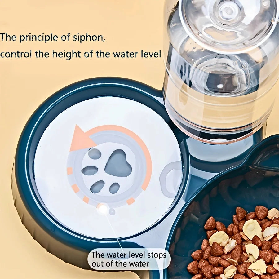 3 In 1 Ear Design Tilted Cat Water And Food Bowl Set With Gravity Water Bottle