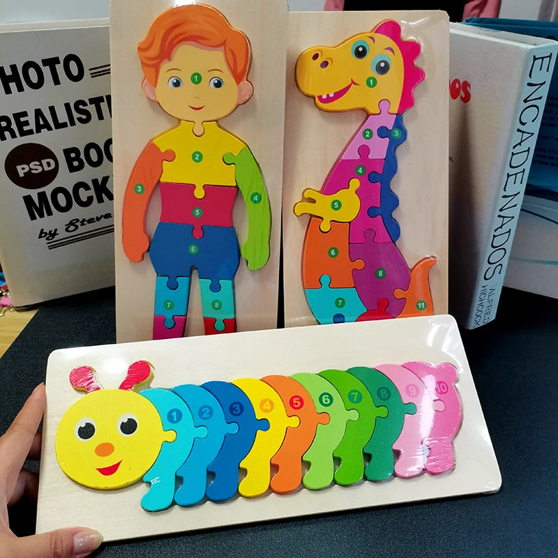Rectangle Wooden Puzzle for Kids, Animals Vehicles Pattern Colorful Wood Numbered Puzzles For Toddlers