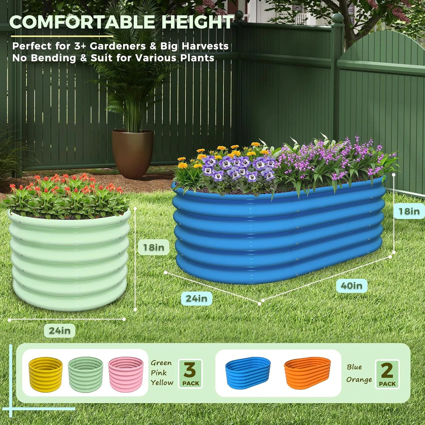 5-Pack 18in Tall Kids Raised Garden Beds Outdoor, 40x24in Oval & 24x24in Round Galvanized Metal Planter Box for Vegetable Flower