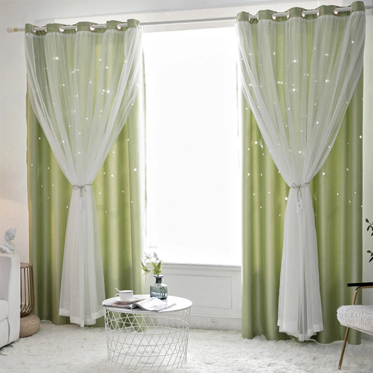 Double Layers Romantic Sheer Kids Children Girls Curtains With Hollow Out Stars For Living Room Bedroom Windows Drapes